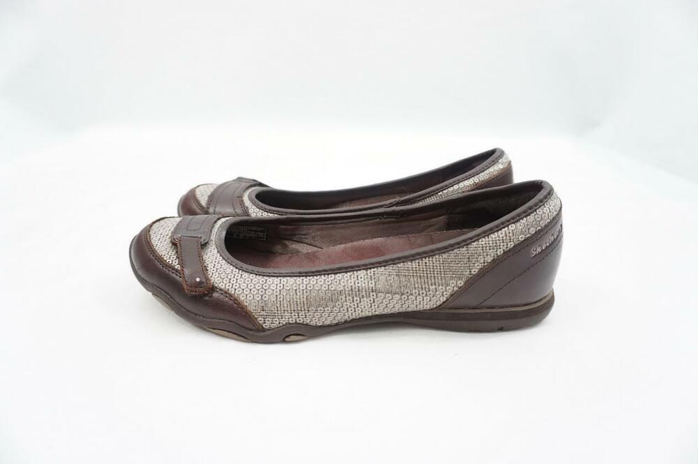 SKECHERS 21955 WOM 7.5 USED BROWN SEQUINS/LEATHER/PLAID TEXTILE FLATS/SLIP ON